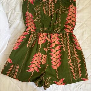 Manuhealii Green and Pink Leaf Print Jumpsuit